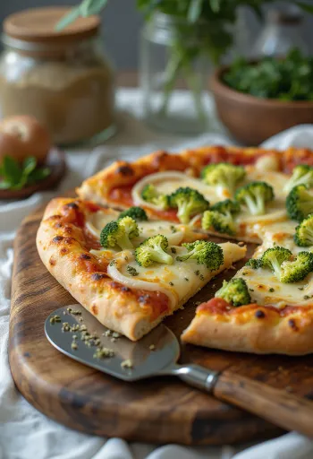 Prebiotikus vegán pizza brokkolival és póréhagymával díszítve