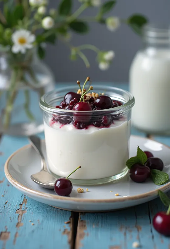 Probiotikus cseresznyés joghurt tálalva, friss cseresznyével