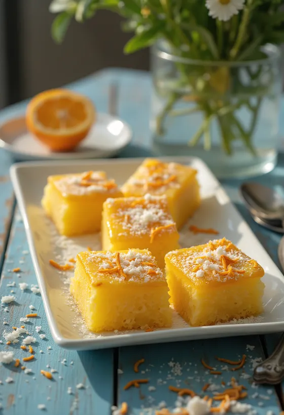 Tojásmentes revani, citrusos ízekkel, narancshéjjal díszítve, frissen tálalva
