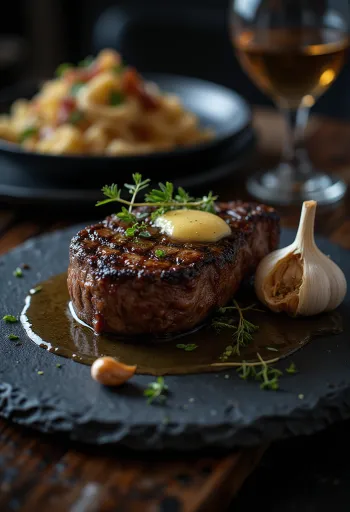 Rib eye steak aranybarnára sütve, friss zöldfűszerekkel és vajjal tálalva