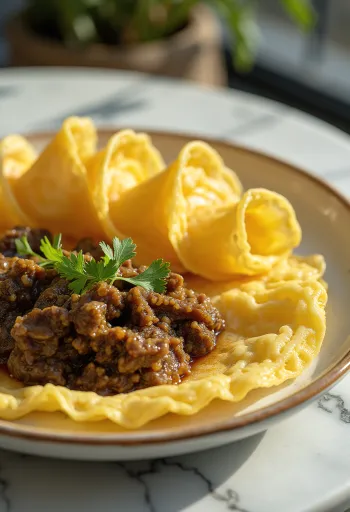 Roti Jala marhahúsos rendanggal, friss korianderrel díszítve