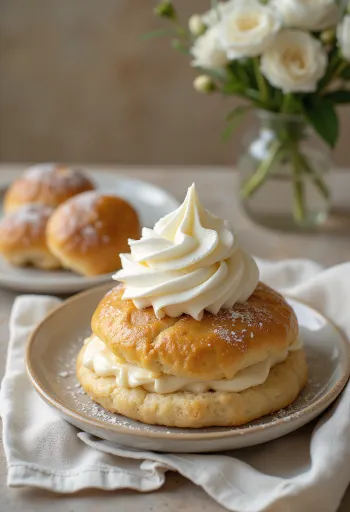 Semla mézes krémmel tálalva, friss sütemények