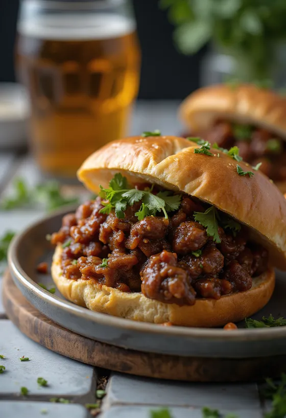Füstölt hússal készült Sloppy Joe szendvics, gazdag darálthúsos töltelékkel, ropogós zsemlében tálalva