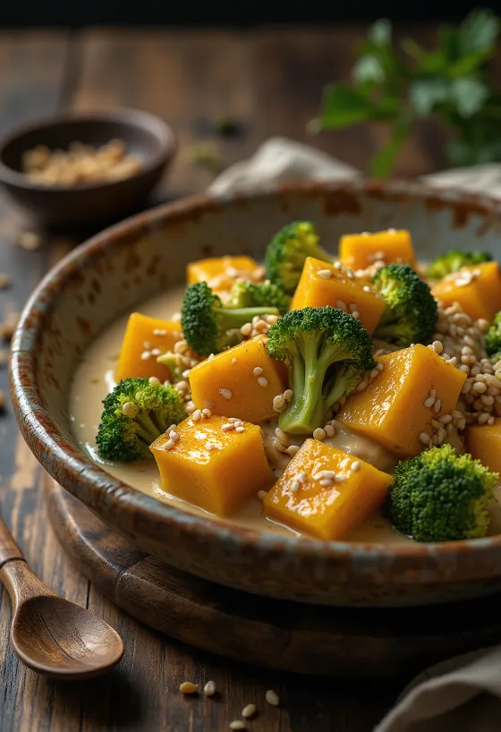 Sütőtökös brokkoli curry tahinivel