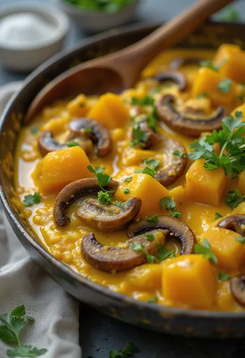 Sütőtökös gomba curry tálalva