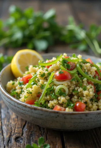 Tabbouleh saláta hagymával, menta és petrezselyem keverékével