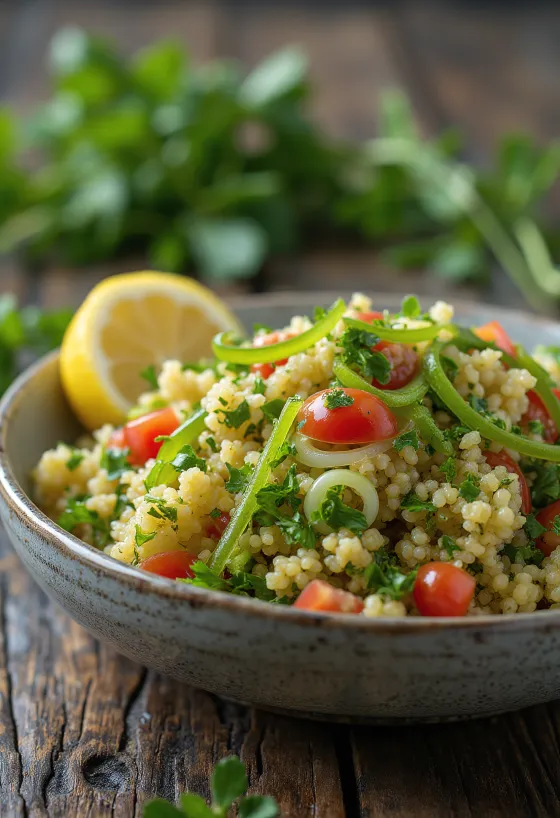 Tabbouleh saláta hagymával, menta és petrezselyem keverékével