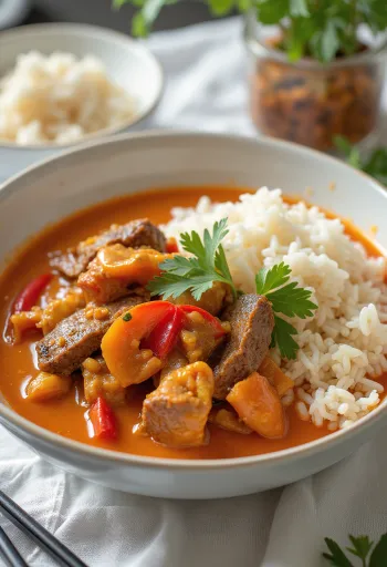 Thai vörös curry marhahússal és rizzsel tálalva