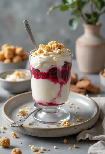 Tofuval készült sundae, egy tálban szép rétegezett tofu, bogyós gyümölcsök és granola