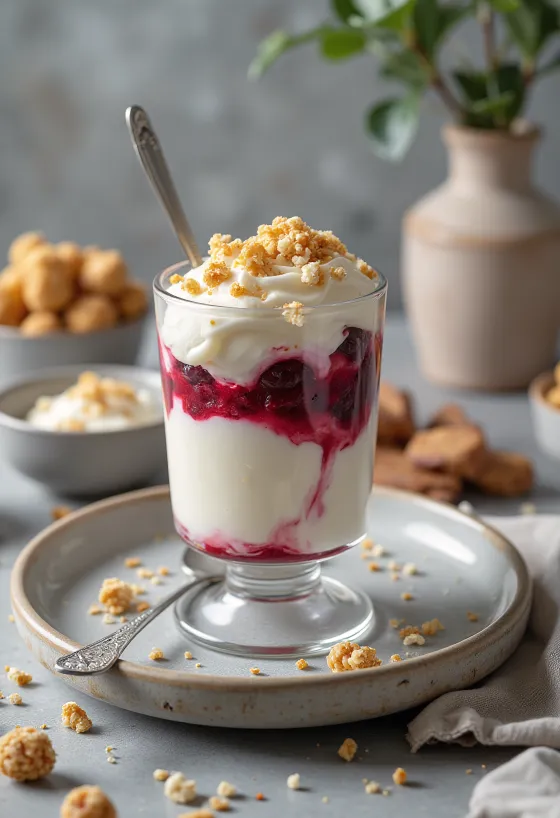 Tofuval készült sundae, egy tálban szép rétegezett tofu, bogyós gyümölcsök és granola