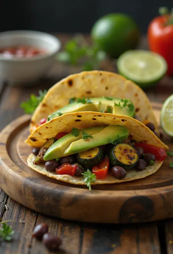 Vegán taco kukoricatortillában zöldségekkel és fekete babbal