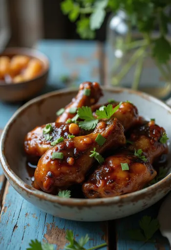 Adobo édes sós, tálalva korianderrel és rizzsel