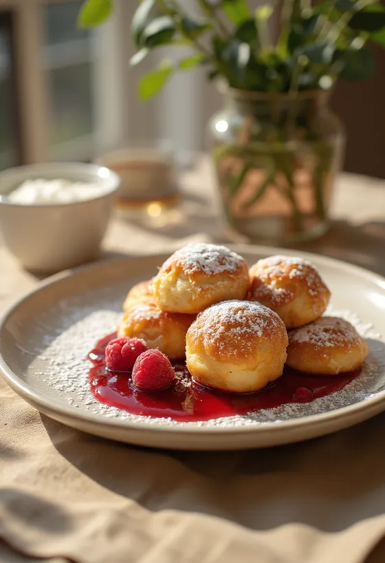 Æbleskiver málnalekvárral és porcukorral tálalva