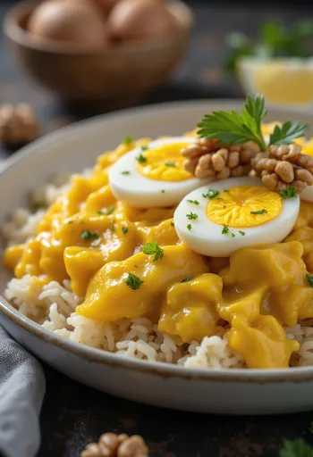Ají de gallina tojással, gazdag mártásban tálalva