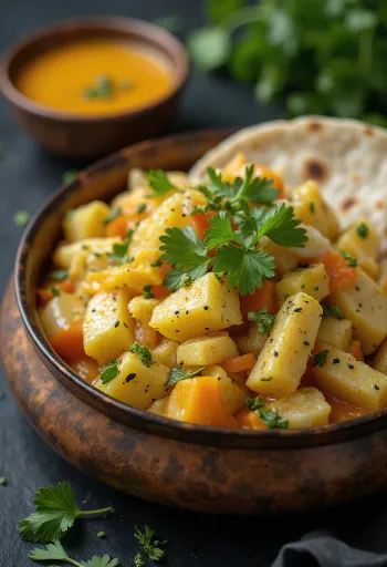 Avial zöldséges curry korianderrel megszórva, rusztikus tálban tálalva