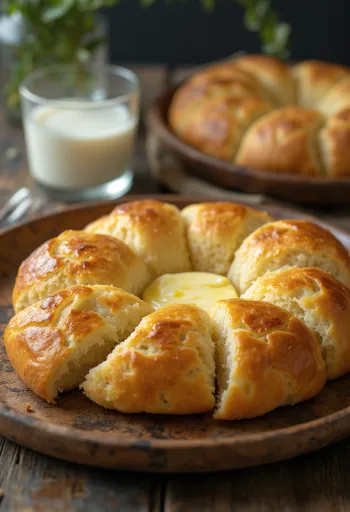 Frissen sült bannock, aranybarna, puha tésztával, vágott szeletekben