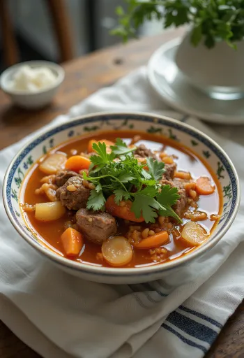 Bò Kho korianderrel, gazdag vietnami húsleves tálalva friss korianderrel és chili paprikával