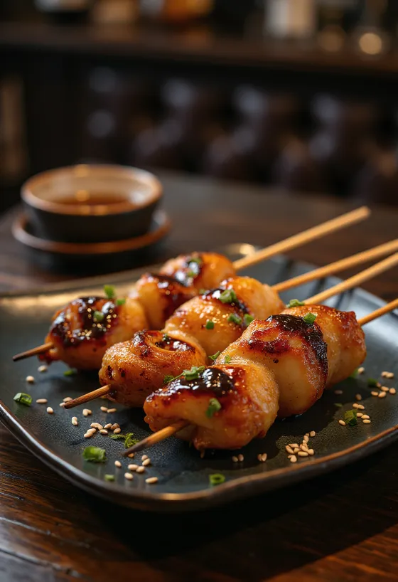 Bonjiri yakitori csirke farok pálcikán, szezámmaggal és friss zöldhagymával tálalva