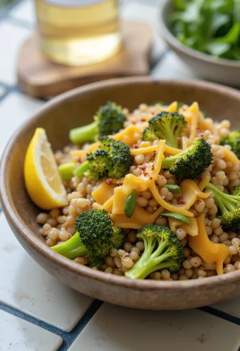 Farro sült brokkolival és cheddar sajttal, friss zöldekkel díszítve