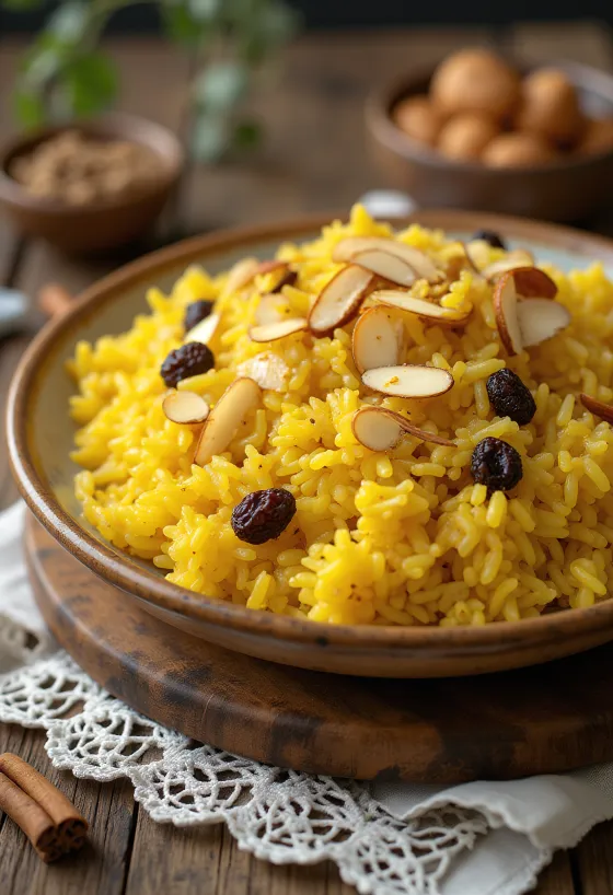 Ghee mishti pulao, édes rizs pirított mandulával és mazsolával tálalva