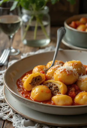 Gnocchi hússal töltve tálalva