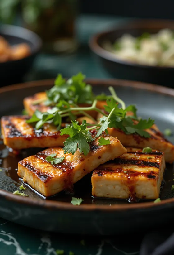 Grillezett tofu fűszeres szószban tálalva