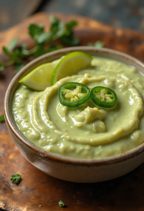 Jalapeños lime szósz egy tálban, lime szeletekkel és friss korianderrel díszítve.