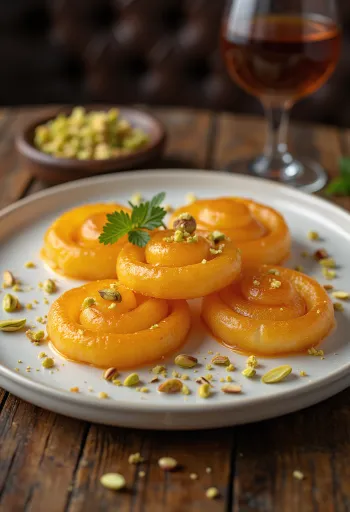 Jalebi pancake mézzel és pisztáciával tálalva