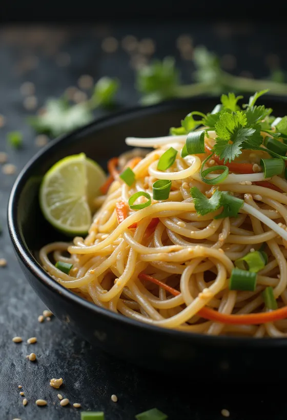 Japchae lime-mal tálalva, édesburgonya tésztával és zöldségekkel