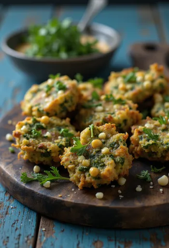 Kale Bhaji, aranybarna, ropogós falatok tálalva