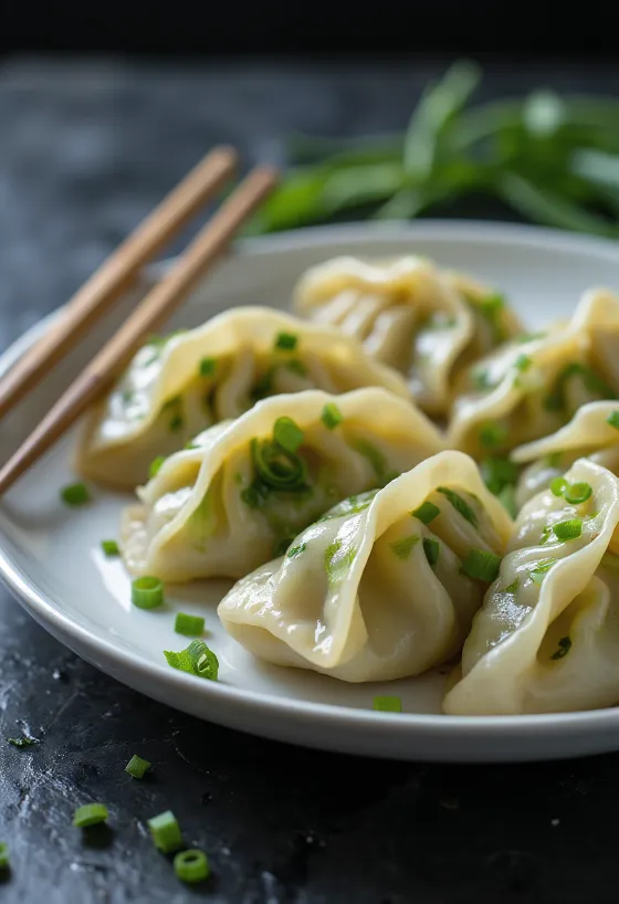 Kínai vegán jiaozi főzve, tálalva egyszerű porcelántányéron, zöldséges töltelékkel