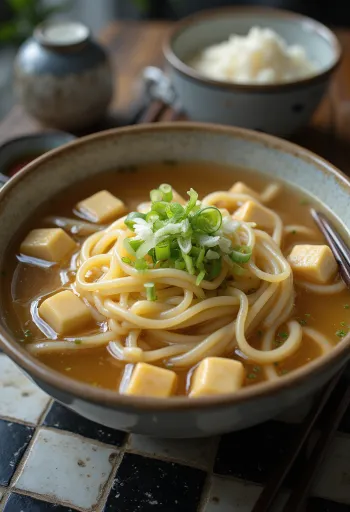 Kishimen udon, japán lapos udon tészta tofuval és szójaszósszal, friss zöldhagymával tálalva