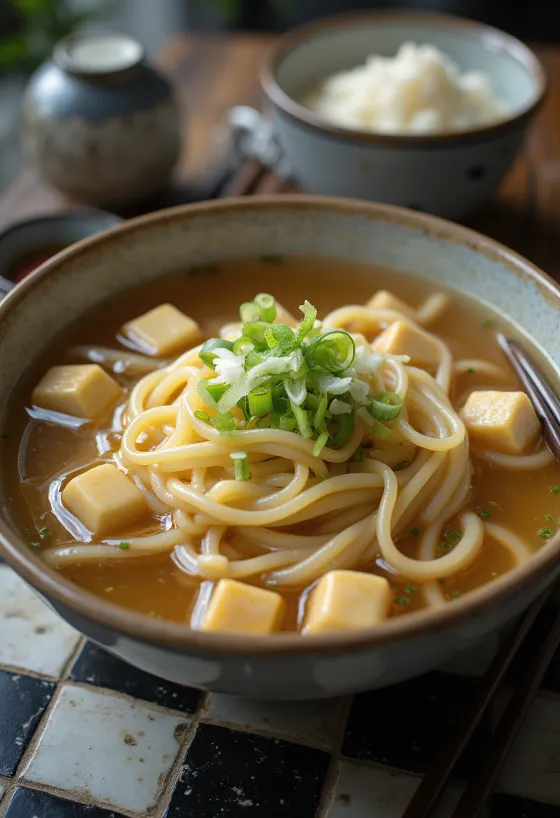 Kishimen udon, japán lapos udon tészta tofuval és szójaszósszal, friss zöldhagymával tálalva