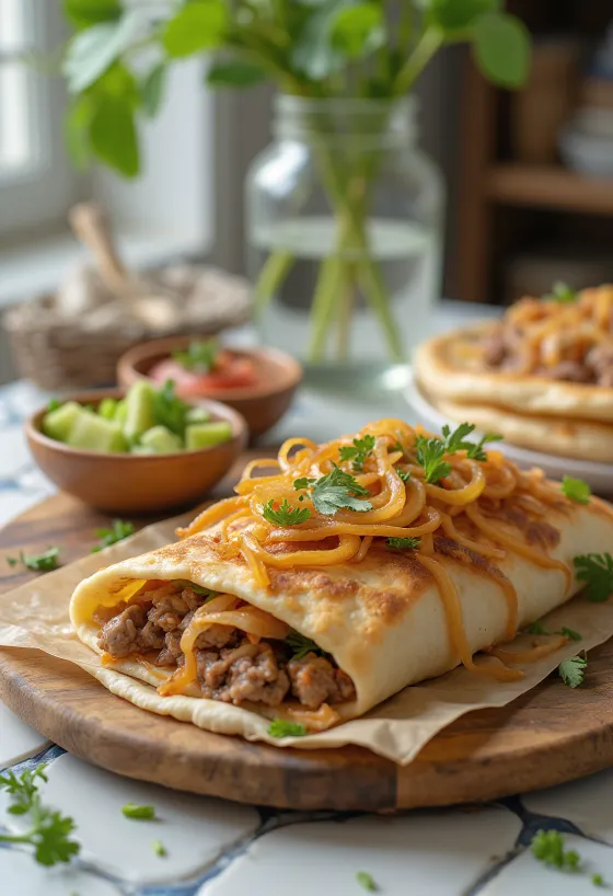 Lahmacun hagymával, friss tésztával és fűszeres húsos töltelékkel tálalva