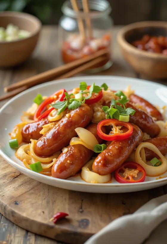 Lạp xưởng chilivel tálalva, zöldhagymával díszítve