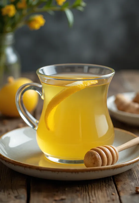 Friss mézes gyömbér tea bögrében citrommal és fahéjjal
