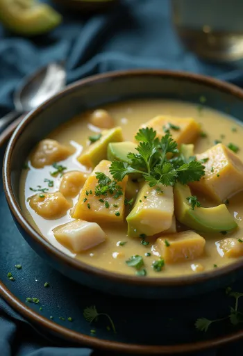 Moqueca tálalva avokádóval, halakkal és kókusztejjel