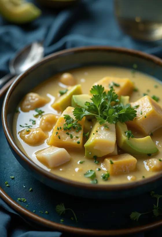 Moqueca tálalva avokádóval, halakkal és kókusztejjel