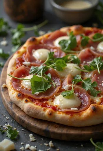 Pizza al Prosciutto Crudo tálalva parmai sonkával és rukkolával