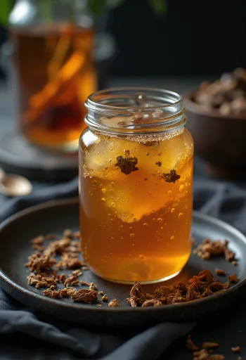 Probiotikus fekete tea kombucha üvegben, szénsavas ital tálalva