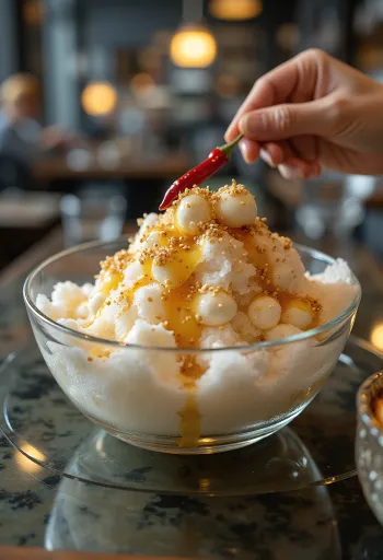 Sajtos bingsu, gazdag sajt és szójaszósz díszítéssel tálalva