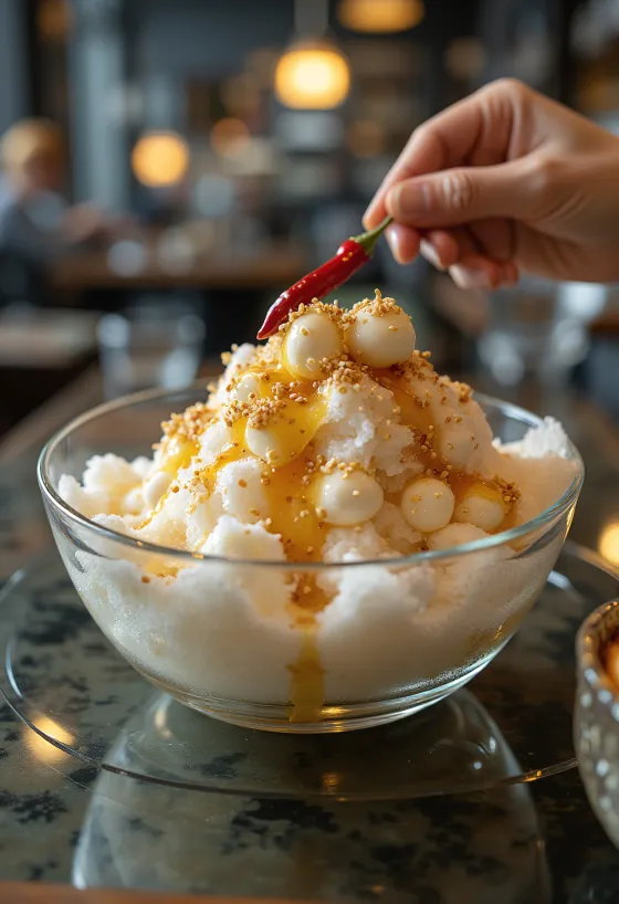 Sajtos bingsu, gazdag sajt és szójaszósz díszítéssel tálalva