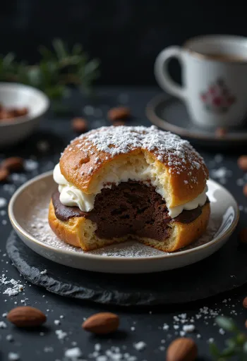Semla csokoládékrémmel, finoman tálalva