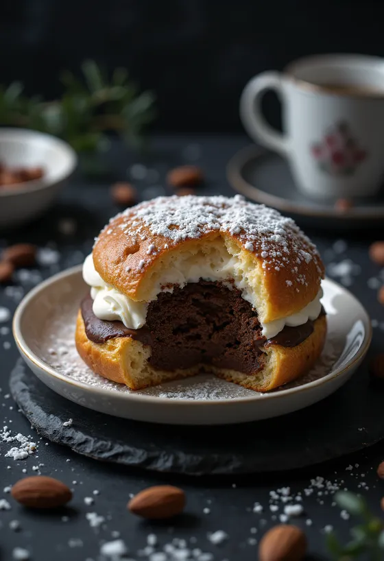Semla csokoládékrémmel, finoman tálalva