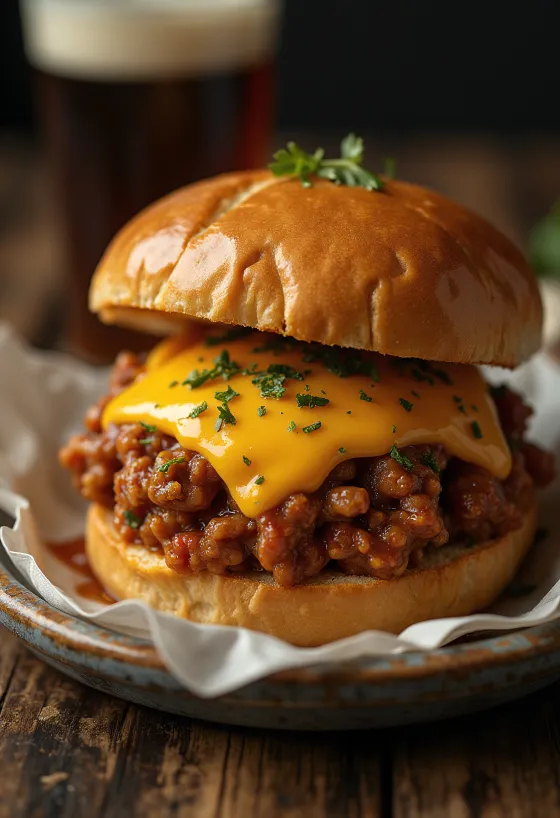 Füstölt sajttal készült Sloppy Joe szendvics, gazdagon elhelyezett darálthúsos töltelékkel