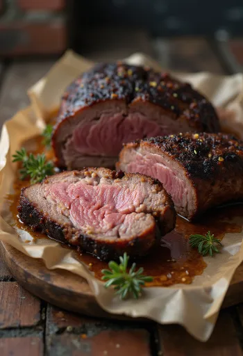 Smoked brisket tálalva vékony szeletekben barbecue szósszal és köretekkel