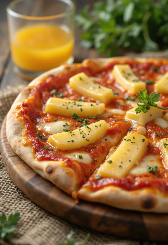 Sonka nélküli Hawaii pizza ananásszal tálalva