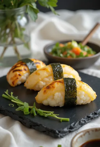 Sült tojásos onigiri, nori algával tálalva