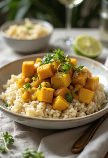 Sütőtökös lime tofu quinoa curryvel tálalva