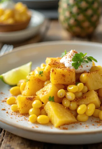 Tamalito ananásszal tálalva, feta sajttal és lime szeletekkel